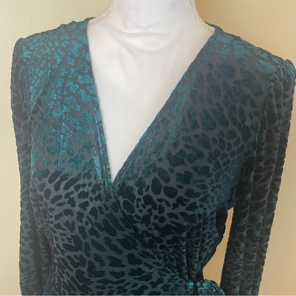 Emerald Leopard Velvet Wrap Dress Sz 12 Long Sleeve Animal Print V Neck Ruffle - Picture 4 of 13